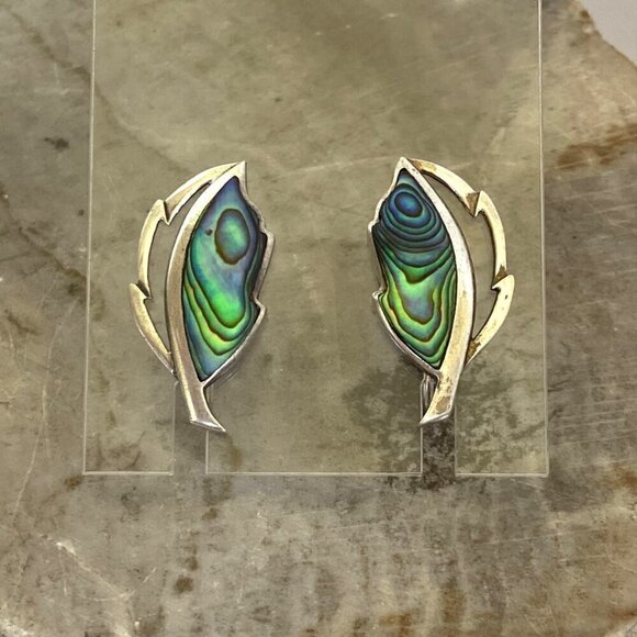 VTG Sterling Silver 925 Dainty Abalone Inlay Foliage Leaf Screwback Earrings - Picture 3 of 16